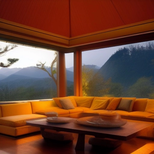 34997-631389916-living room with mountain view and green forest, cozy and dramatic lighting, frank lloyd wright interior, japanese lanterns, ken.webp